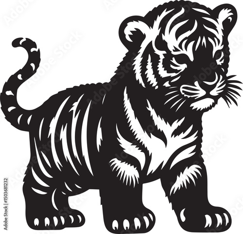 black and white baby tiger, baby tiger silhouette vector icon