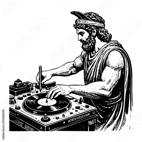 Greek god dj sketch engraving black and white outline. Scratch board imitation.  illustrated in vintage line art style on a white background.