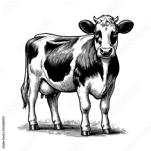 Dairy cow sketch engraving black and white outline. Scratch board imitation.  illustrated in vintage line art style on a white background.