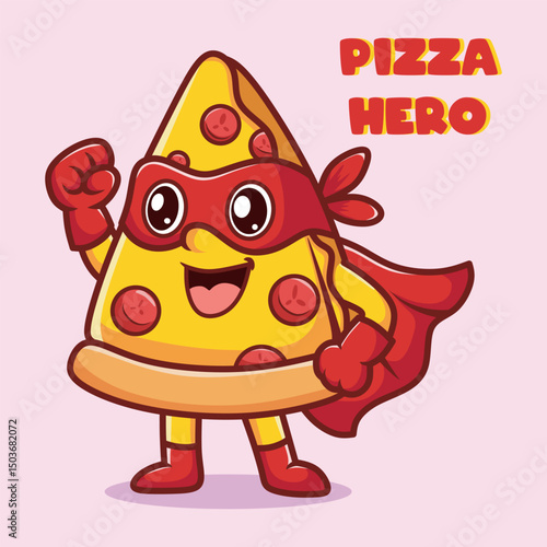 Cute cartoon superhero pizza slice wearing a red cape and mask, striking a heroic pose. Fun and vibrant food character for kids' content, posters, stickers, and merchandise.
