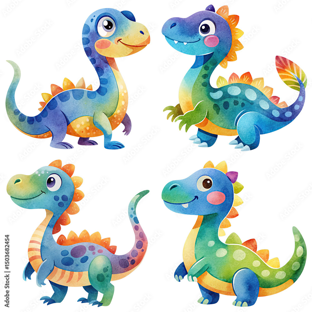 Obraz premium Four adorable watercolor dinosaurs, perfect for children's books, cards, or prints. Vibrant colors and playful designs.