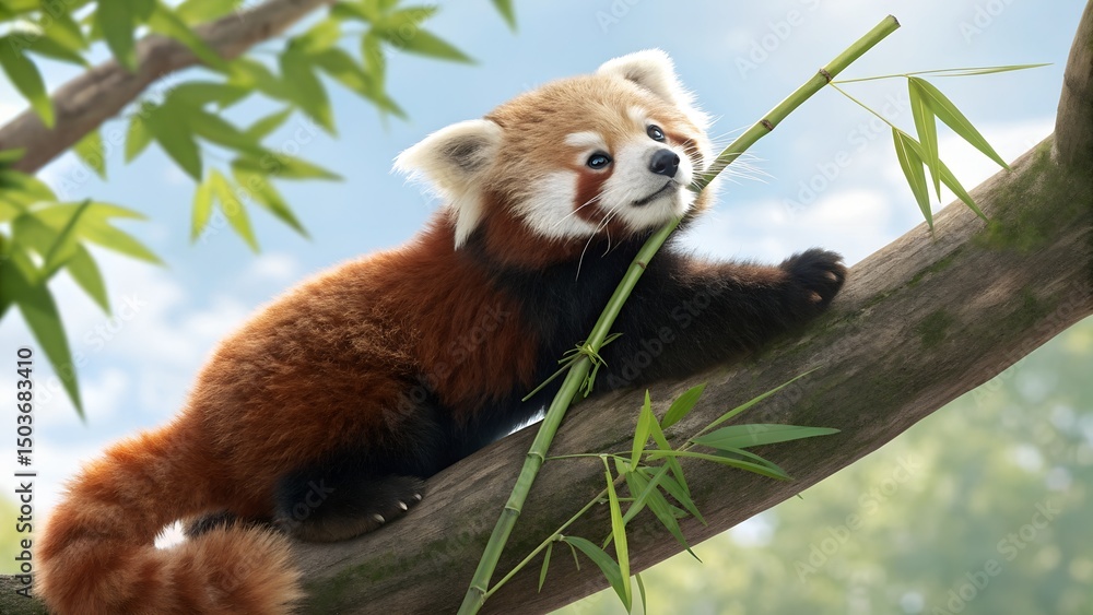 Naklejka premium A red panda peacefully sleeping on a tree log, surrounded by a soft, green forest background, basking in gentle sunlight.