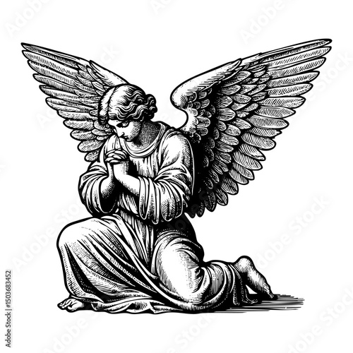 woman angel kneeling sketch engraving black and white outline. Scratch board imitation.  illustrated in vintage line art style on a white background.