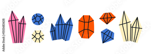 Set of colorful cartoon-style diamonds and crystals. Good for jewelry advertisement, gaming apps, website banners, packaging design, branding, promotional materials and prints. Vector illustration.