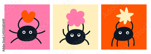 Posters set with funny little spiders. For children's notebooks design, clothing prints, web graphics, Halloween decor, greeting cards, branding and various products. Cute vector illustrations.