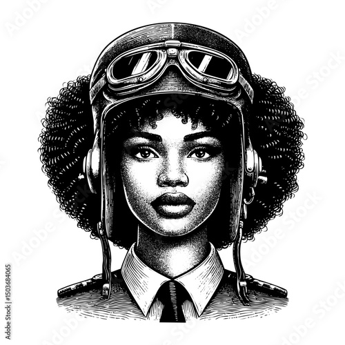African woman wear retro pilot helmet sketch engraving black and white outline. Scratch board imitation.  illustrated in vintage line art style on a white background.