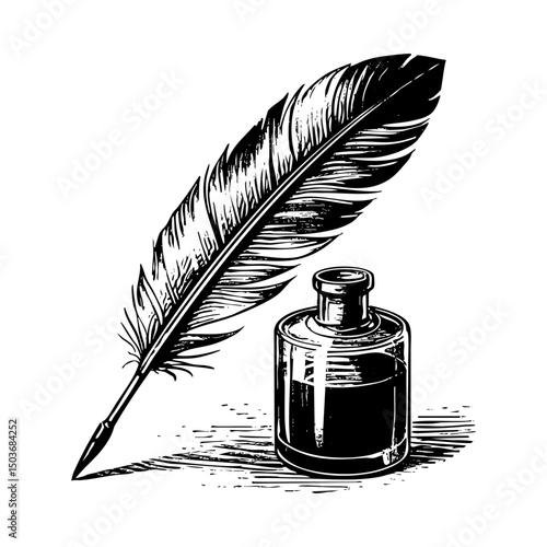 quill pen next to an inkwell sketch engraving black and white outline. Scratch board imitation.  illustrated in vintage line art style on a white background.