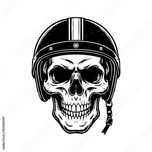 Skull wear motorcycle helmet sketch engraving black and white outline. Scratch board imitation.