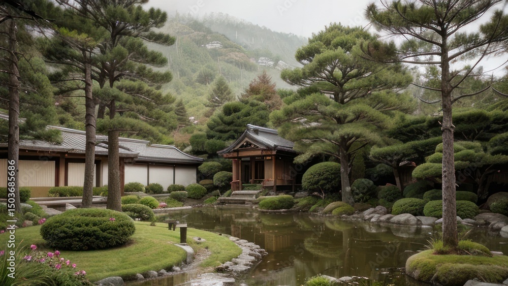 Tranquil garden scene with traditional buildings. Tranquil garden scene with traditional buildings.