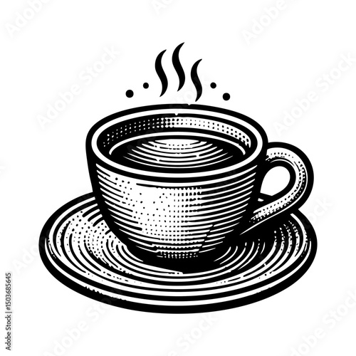 hot coffee cup engraving black and white outline. Scratch board imitation.  illustrated in vintage line art style on a white background.
