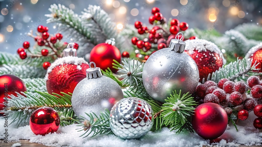 Fototapeta premium Christmas ornaments with snow and red berries on pine branches