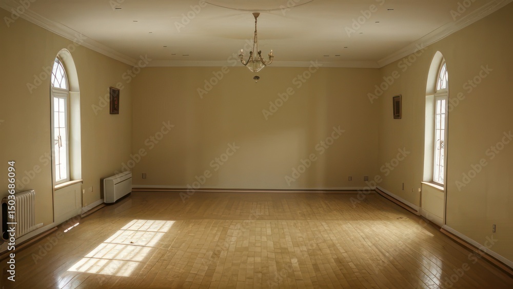 Empty room with hardwood floor and arched windows. Empty room with hardwood floor and arched windows.