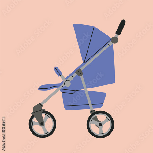 Vector illustration with a stroller. Baby carriage, pram, buggy. For girls and boys. Hand drawn vector illustration. Childhood, transportation, walk with children, motherhood. Colorful poster.