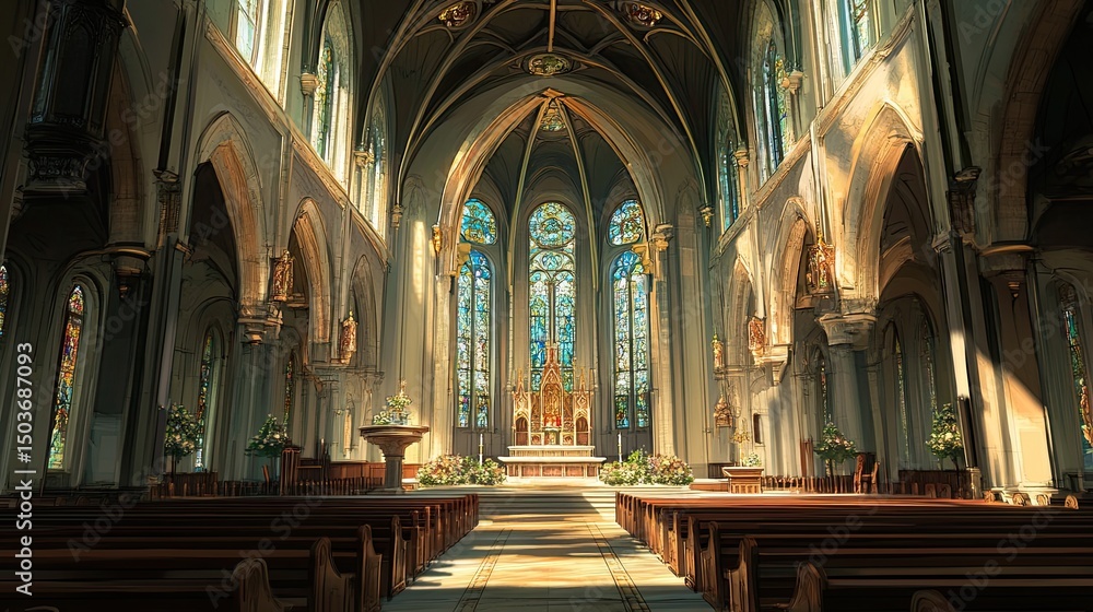 Interior View of Gothic Cathedral with Stained Glass Interior View of Gothic Cathedral with Stained Glass