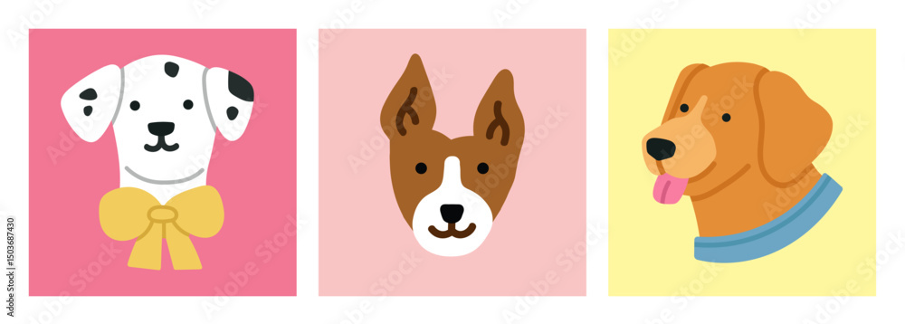 Obraz premium Set of posters with cute puppy's heads. Dalmatian dog, Golden Retriever and Basenji dog. For pet-related marketing materials, content about breeds, prints, cards etc. Colorful vector illustrations.