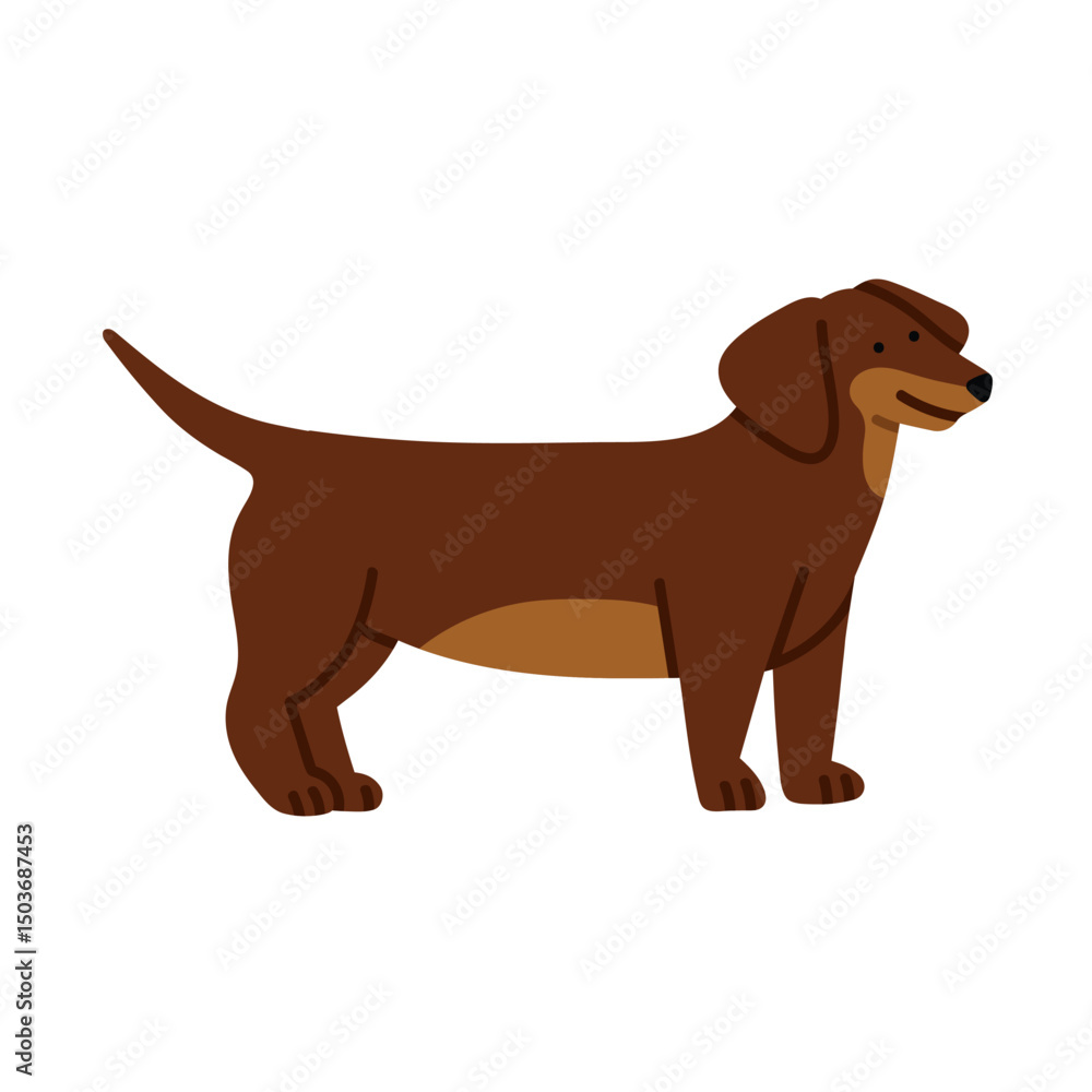Illustration of Dachshund dog standing. It can be used for pet-related marketing materials, educational content about breeds, prints, cards etc. Vector illustration isolated on white background. Illustration of Dachshund dog standing. It can be used for pet-related marketing materials, educational content about breeds, prints, cards etc. Vector illustration isolated on white background.