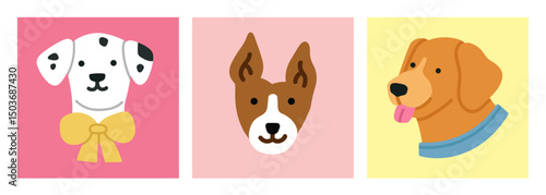 Set of posters with cute puppy's heads. Dalmatian dog,  Golden Retriever and Basenji dog. For pet-related marketing materials, content about breeds, prints, cards etc. Colorful vector illustrations.