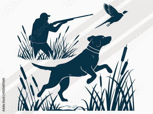 Hunter with Dog Aiming at Flying Birds in Nature Landscape, Hunting svg, Hunting Season svg, Duck Hunting, Hunting Shirt.