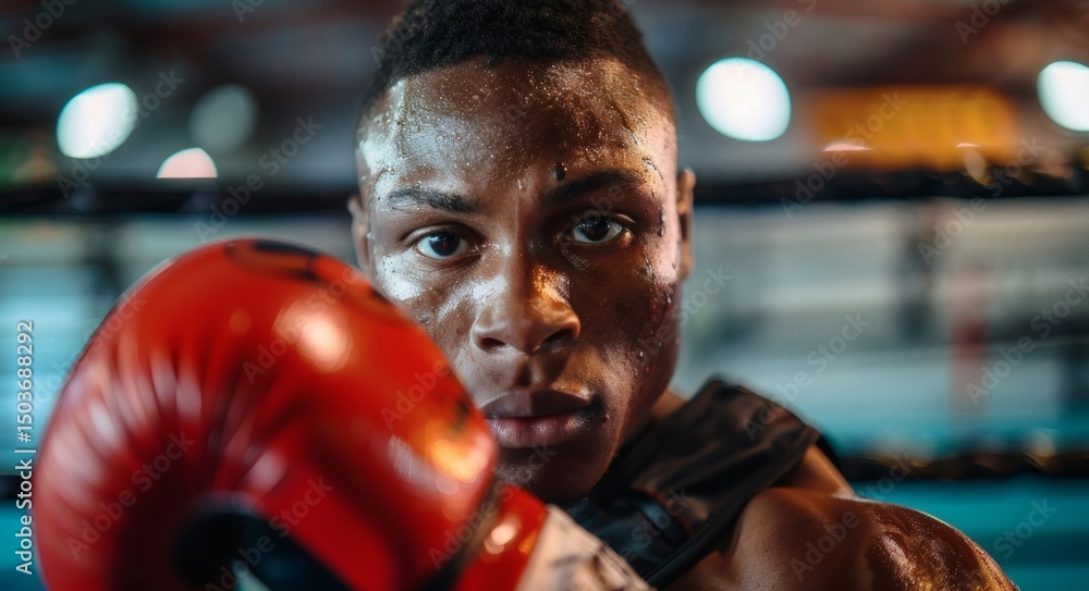 Inside a boxing gym, a boxer clenches his fist Inside a boxing gym, a boxer clenches his fist