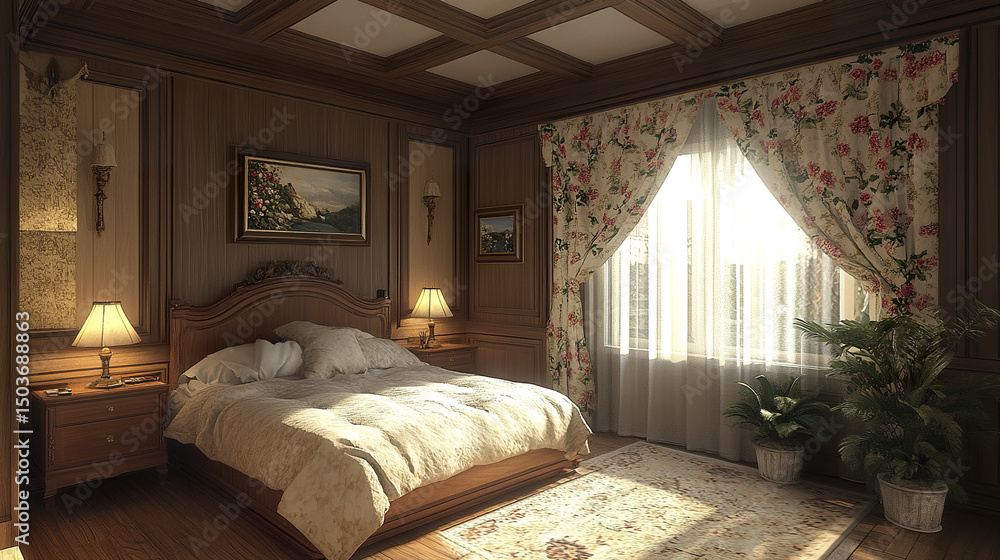 Fototapeta premium cozy wooden bedroom featuring elegant decor, soft lighting, and floral curtains
