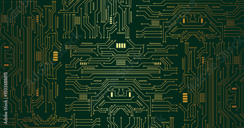 Golden circuit diagram on green background.