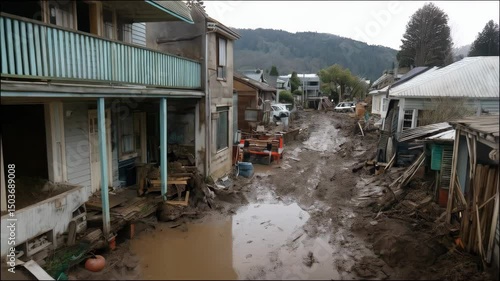 Suburban street showing severe mudslides and debris after significant flooding with damaged houses and standing water