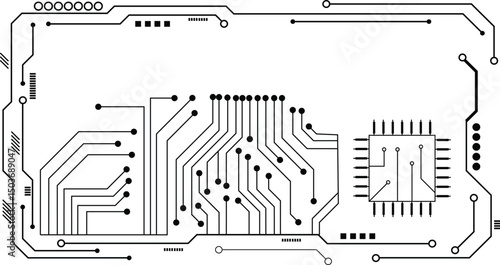 Computer circuit board texture. Technology pattern. Abstract illustration of silicon chip. Digital tech background. Black circuit diagram on white background.
