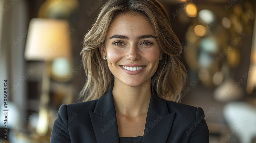 confident female executive smiling in tailored suit, showcasing professionalism and warmth confident female executive smiling in tailored suit, showcasing professionalism and warmth