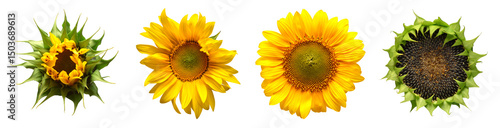 Collection sunflower flower evolution stages isolated on white background. Seeds and oil. Flat lay, top view