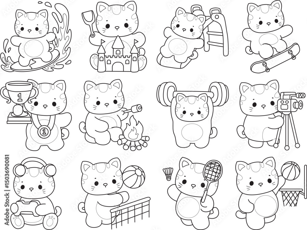 Obraz premium Outline of a bunch of cute cat with various activities. Lineart of Kawaii animal kitty for scrapbook and sticker.