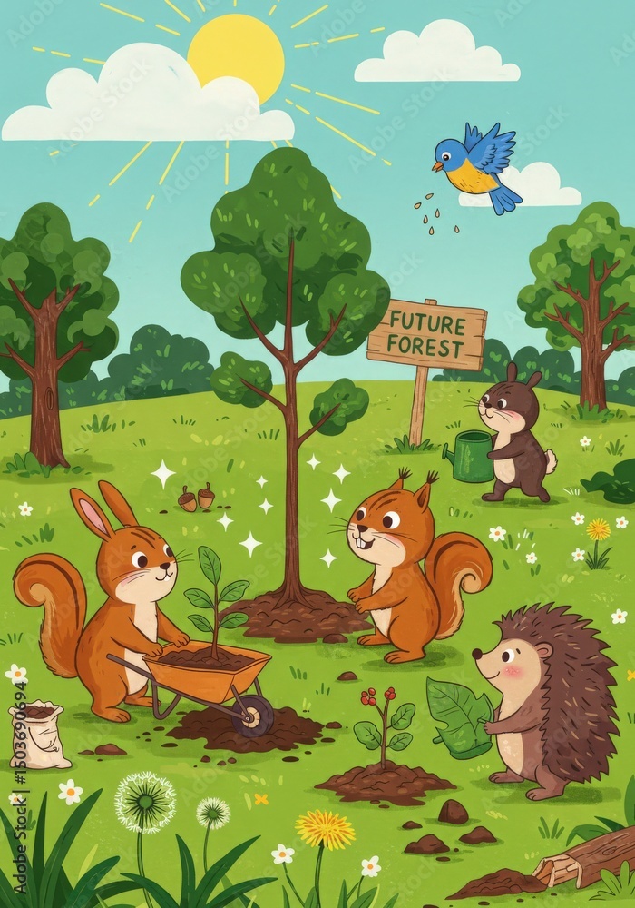 Fototapeta premium Cute Animals Planting Trees: Adorable cartoon animals—squirrels, rabbits, and hedgehogs—collaboratively plant saplings in a vibrant, sun-drenched meadow, fostering a future forest.