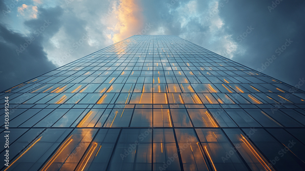 Fototapeta premium sleek reflective building with LED lit accents reaches towards dramatic sky