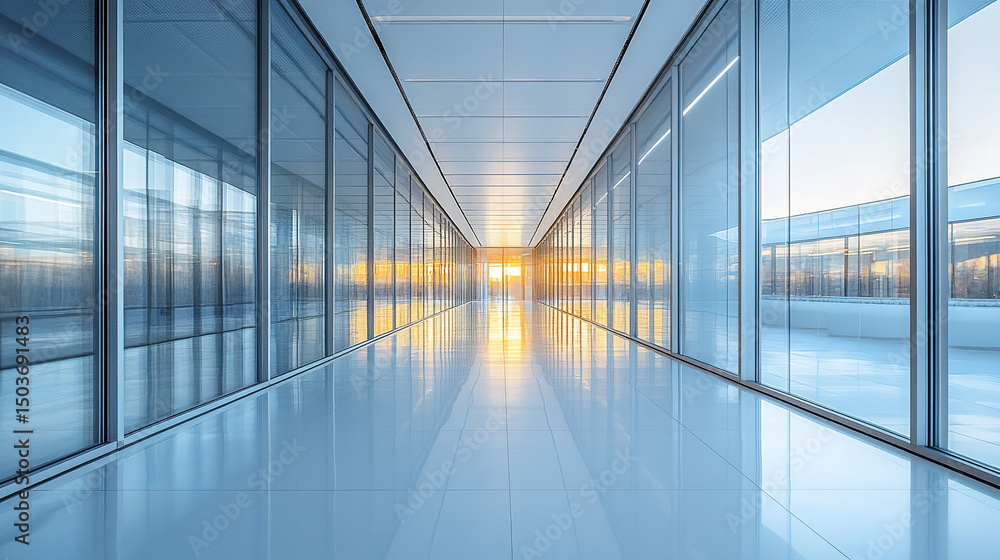 modern hallway with glass walls reflecting light, creating serene atmosphere modern hallway with glass walls reflecting light, creating serene atmosphere