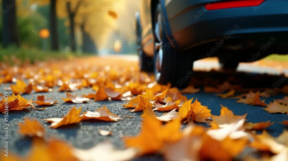 Close-up of electric car tire over autumn leaves highlighting seasonal outdoor driving and eco-conscious mobility through nature Close-up of electric car tire over autumn leaves highlighting seasonal outdoor driving and eco-conscious mobility through nature