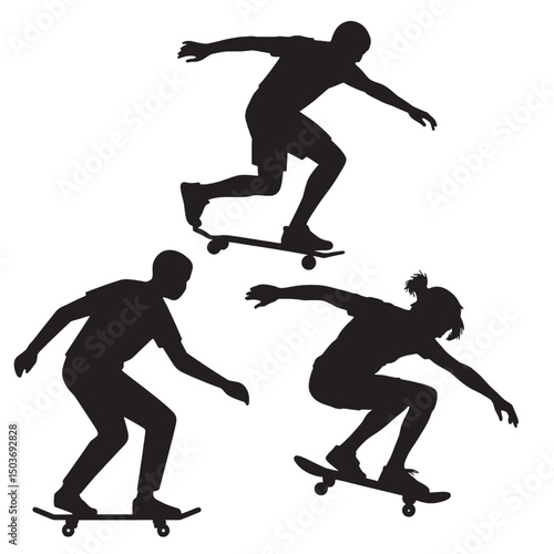 silhouettes of skateboarders performing tricks in motion showing action movement and youthful street sports lifestyle in black and white urban energetic graphic style