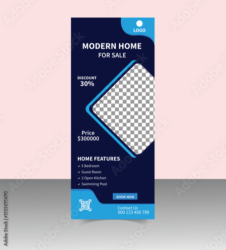 Modern Real Estate Roll-Up Banner Design Template for Property Promotion, Realtor Advertising, Open House Events, and Real Estate Agency Marketing Display Stand