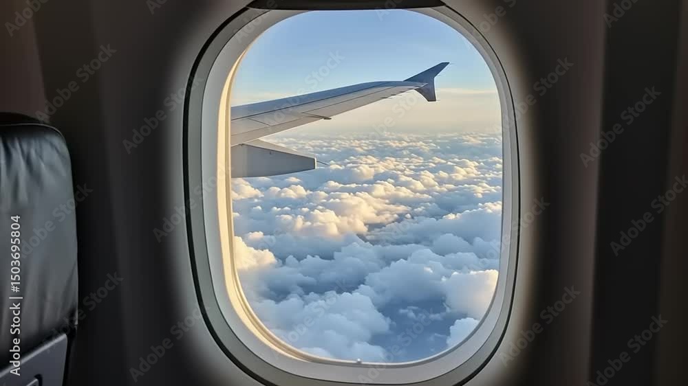 Aerial view from an airplane window showcasing fluffy clouds and a wing against a sunset sky Aerial view from an airplane window showcasing fluffy clouds and a wing against a sunset sky