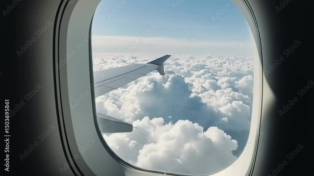 Airplane wing and clouds viewed from a window, showcasing a serene sky and distant horizon Airplane wing and clouds viewed from a window, showcasing a serene sky and distant horizon