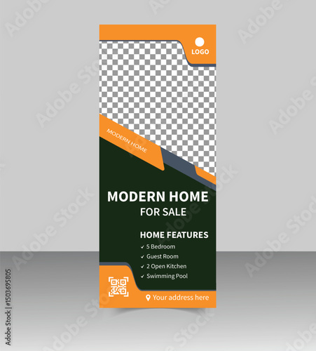 Modern Real Estate Roll-Up Banner Design Template for Property Promotion, Realtor Advertising, Open House Events, and Real Estate Agency Marketing Display Stand