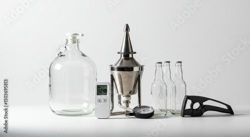 Brewing Equipment Arranges Tools Neatly On White Table Showing Craft Beer Preparation Stilllife