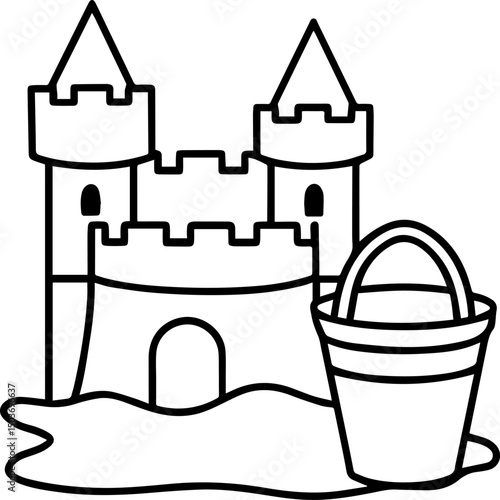 sand castle and bucket outline vector illustration, coloring book page line art	