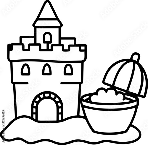 sand castle and bucket outline vector illustration, coloring book page line art	