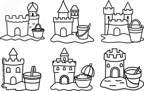 Set of sand castle and bucket outline vector illustration, coloring book page line art	