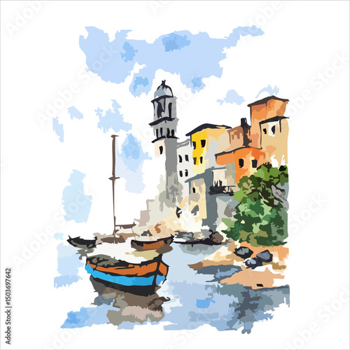 Mediterranean Harbor – Coastal Village Ink and Watercolor Art. Good for illustration book, cover book, poster, postcard or greeting card