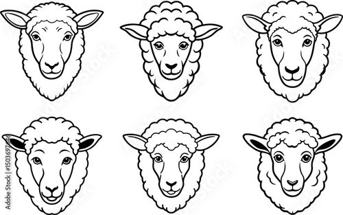Set of sheep head outline vector illustration, coloring book page line art