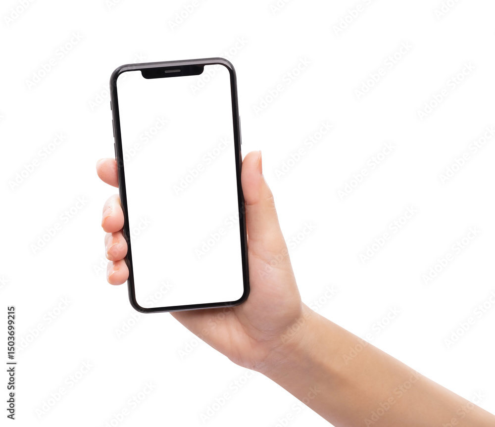 Hand holding the black smartphone with blank screen isolated on white background, clipping path. Hand holding the black smartphone with blank screen isolated on white background, clipping path.