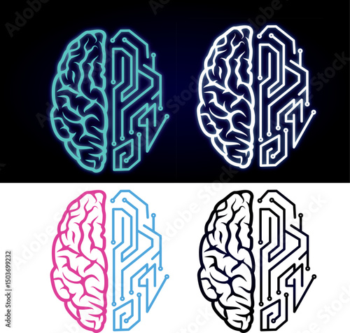 Half Brain Half Circuit Artificial Intelligence Concept design Illustration set. Artifical Intelligence & Business Icon Design