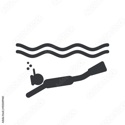 Isolated pictogram of scuba diving underwater with oxygen tank, diving mask, air bubbles. icon for sport and marine activities