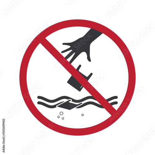 Isolated prohibition sign littering trash on water, hand throw plastic bag on polluted river illustration