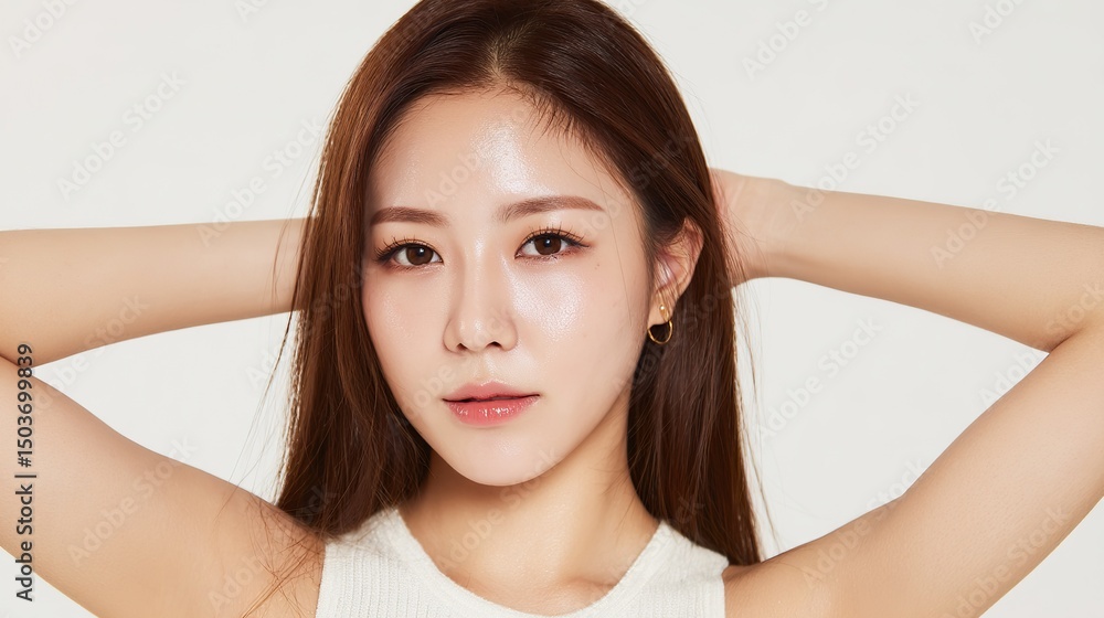Young beautiful woman with long hair posing in sleeveless top, arms visible, looking directly at camera. Natural light highlights skin texture, pores, and raw quality. Young beautiful woman with long hair posing in sleeveless top, arms visible, looking directly at camera. Natural light highlights skin texture, pores, and raw quality.